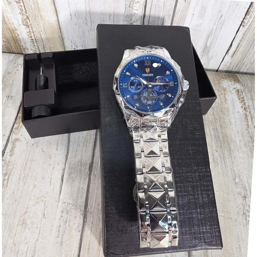 Timekey Mens Chronograph Watch Blue Dial Silver Stainless Steel Moon Phase New